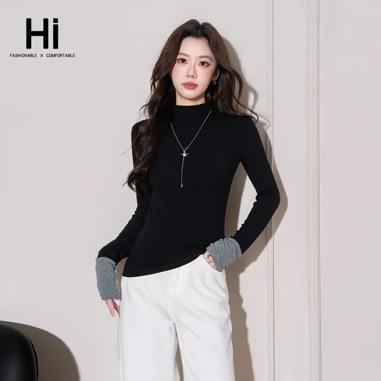 HI【嗨牌·半高领拼接撞色】秋季设计感修身针织纯色长袖TL2705百搭