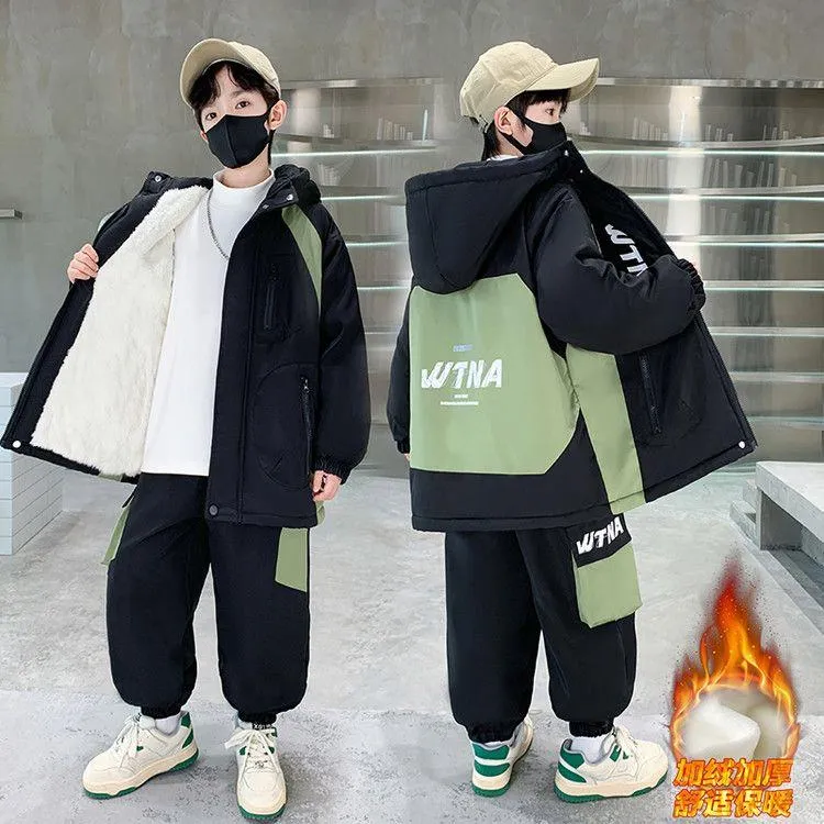 YeeHoO英氏【断码】潮童韩版洋气两件套男生加厚加绒夹棉服字母长裤