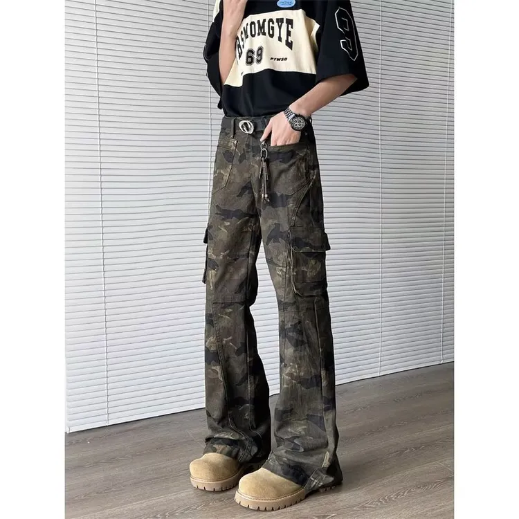 复古迷彩裤牛仔裤男款修身微喇裤新款宽松休闲直筒美式嘻哈潮长裤
