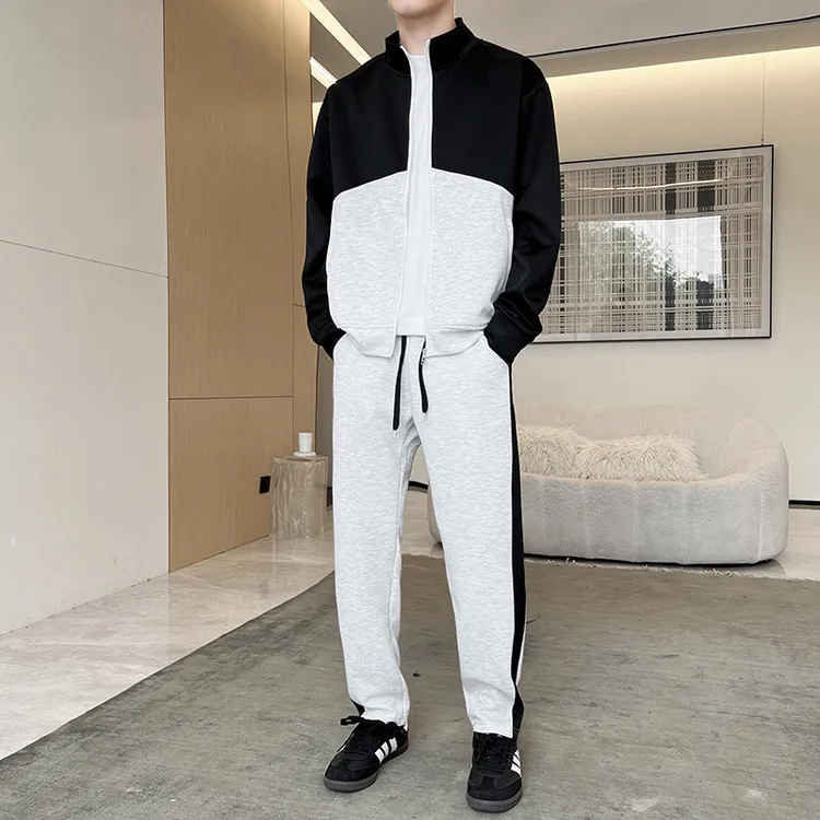 稻草人秋冬套装青少年男士撞色拼接立领两件套运动套装休闲韩版宽