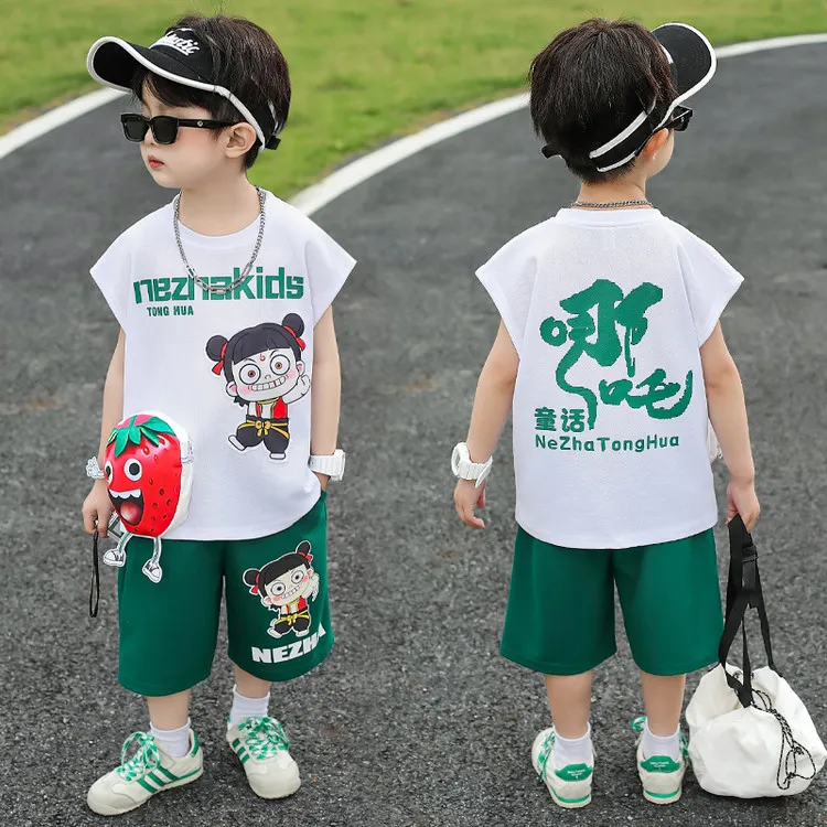 哪吒男童无袖夏装套装2025新款男孩薄款背心洋气宝宝夏季酷潮衣服