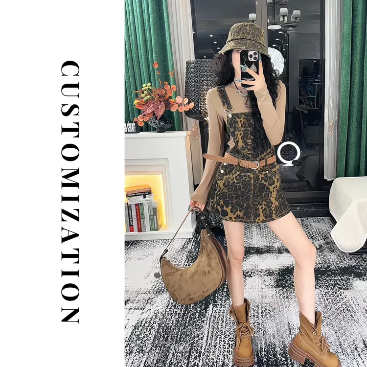 2025秋款背带短裤满版豹纹印花时尚百搭背带短裤807