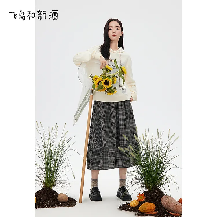 【新】飞鸟和新酒松紧腰纯棉格纹半身裙女秋中长腰裙伞裙FD55172019