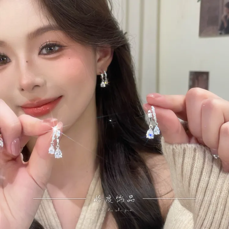 铜合金合成锆石耳饰 【恰度】精致双排清透水滴锆石耳钉