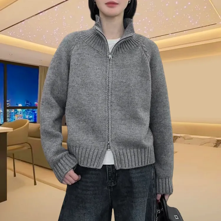 灰色高领毛衣女2025秋冬新款立领外套时尚洋气打底衫拉链开衫上衣
