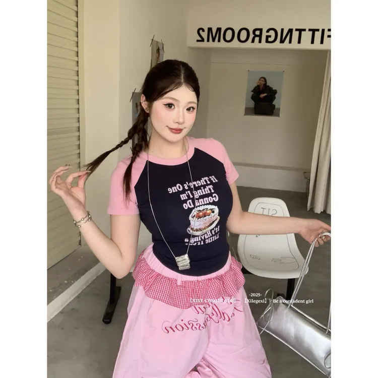 PPEIQI【甜酒草莓】微胖美式拼色字母印花短T恤女夏季新款修身短袖