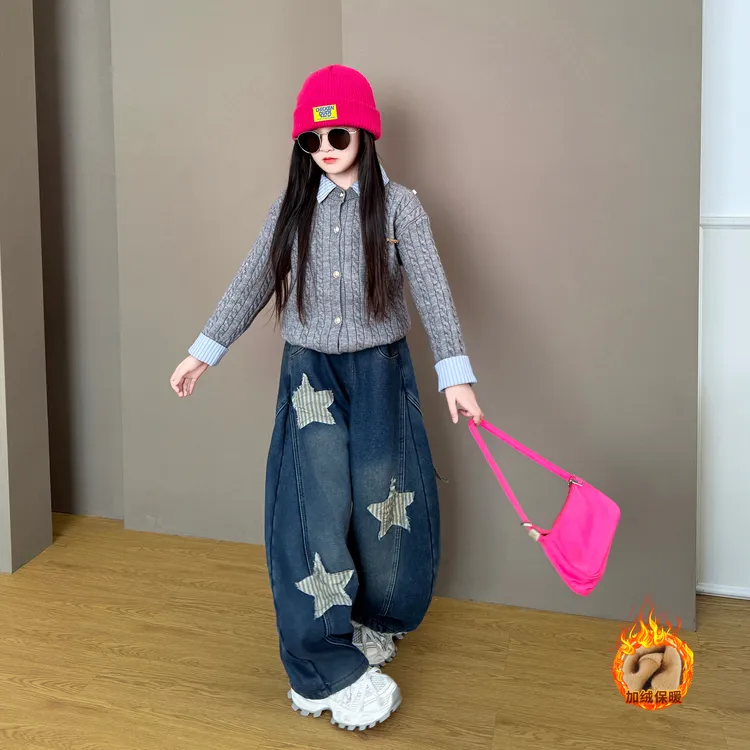 女童2025新款儿童秋冬季学院风毛衣加绒兔耳朵阔腿牛仔裤两件套潮