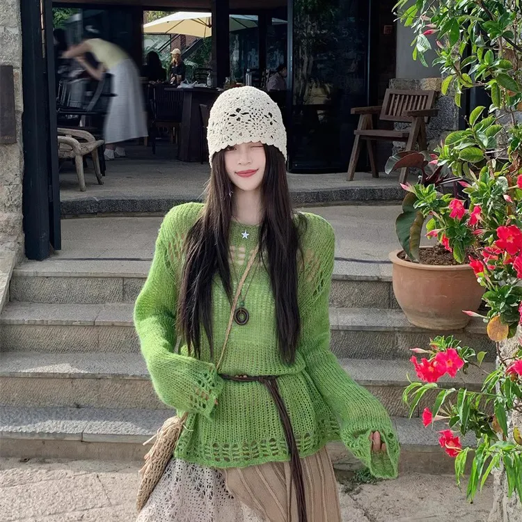 休闲衣服女慵懒风粗针手工感毛衣长袖上衣夏季镂空不规则叠穿屁帘