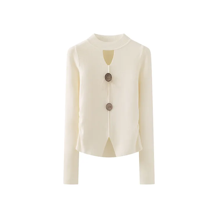 别致小众款！气质高级感~镂空大纽扣腰侧捏褶针织衫毛衣内搭