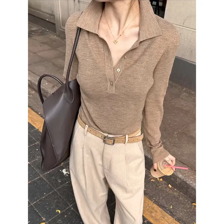 韩版咖色老钱风polo领针织衫女秋冬款高级感内搭翻领打底短款上衣