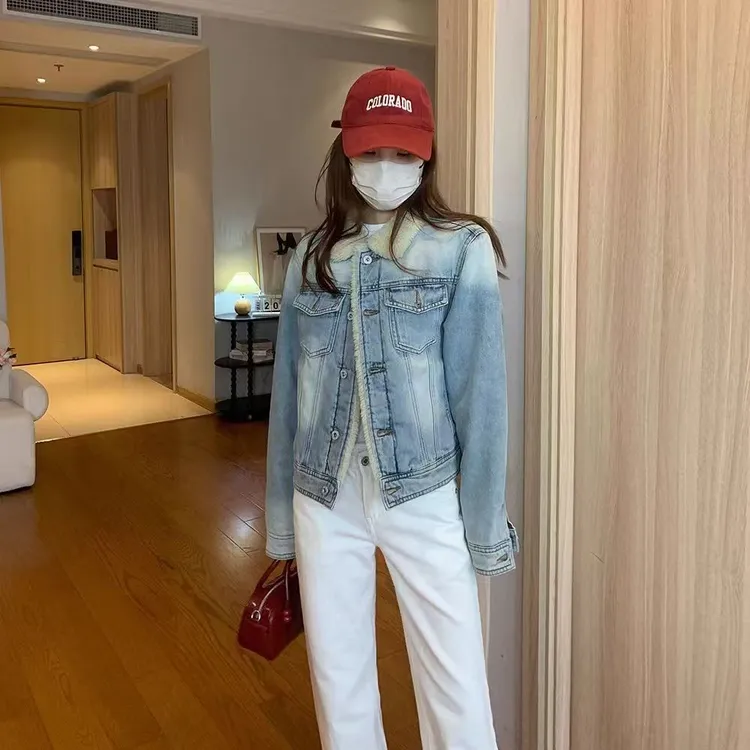 毛绒新款夹棉牛仔水洗复古棉服女2025冬季通勤百搭外穿夹克外套潮