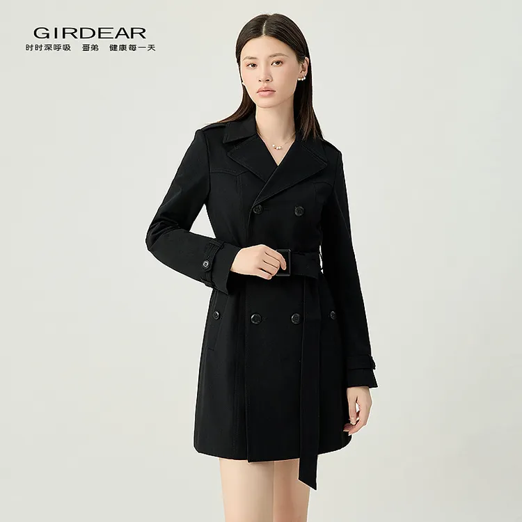 哥弟新款时尚经典通勤翻领腰带双排扣中长款招牌风衣外套女140006