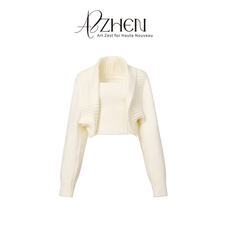 AZZHEN【温柔入秋】翻领披肩毛衣外套抹胸宽松复古套装AZ4KBZ24-ZZ