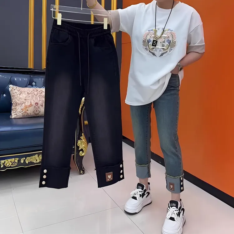夏季大码翻边牛仔裤烟管裤女九分小个子微胖弹力显瘦法棍裤时尚