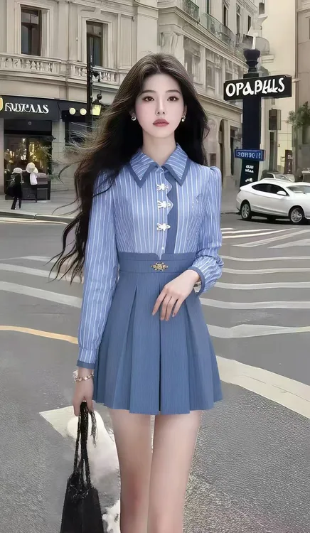 秋季时尚显瘦减龄蓝色翻领条纹长袖上衣+蓝色高腰半身裙女两件套