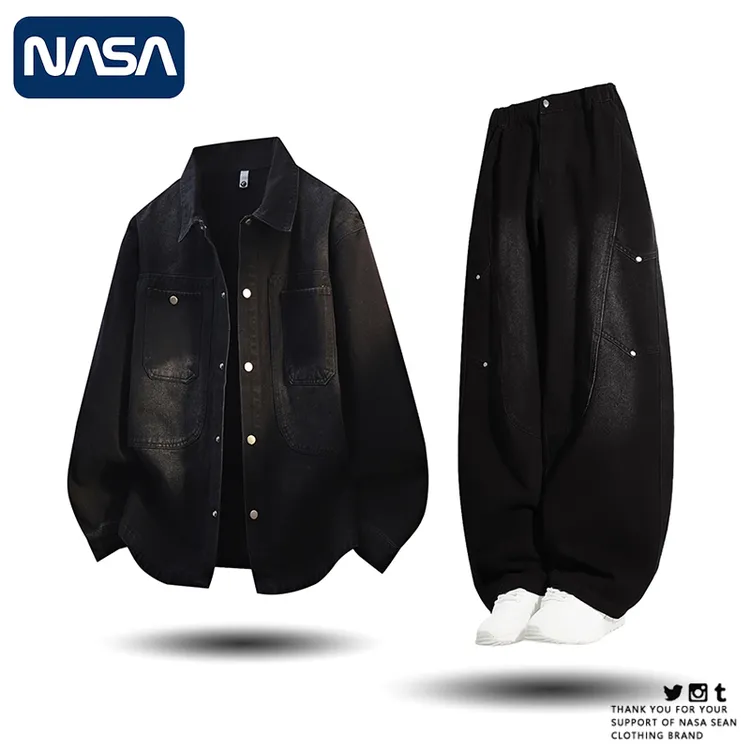NASA秋季水洗渐变做旧牛仔套装两件套潮流复古翻领时尚外套男装