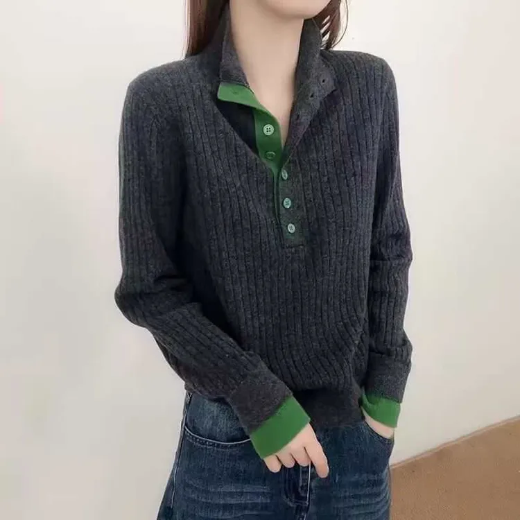 冬季休闲拼色立领半开扣假两件针织衫秋冬新款女款竖坑条打底上衣