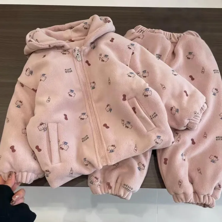 女童睡衣2025冬季新款儿童可爱卡通kt猫连帽耳朵上衣保暖裤子套装