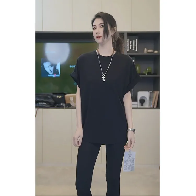 小乖逃D四色翻袖醋酸黑色T恤圆领显瘦宽松夏季休闲时尚240539