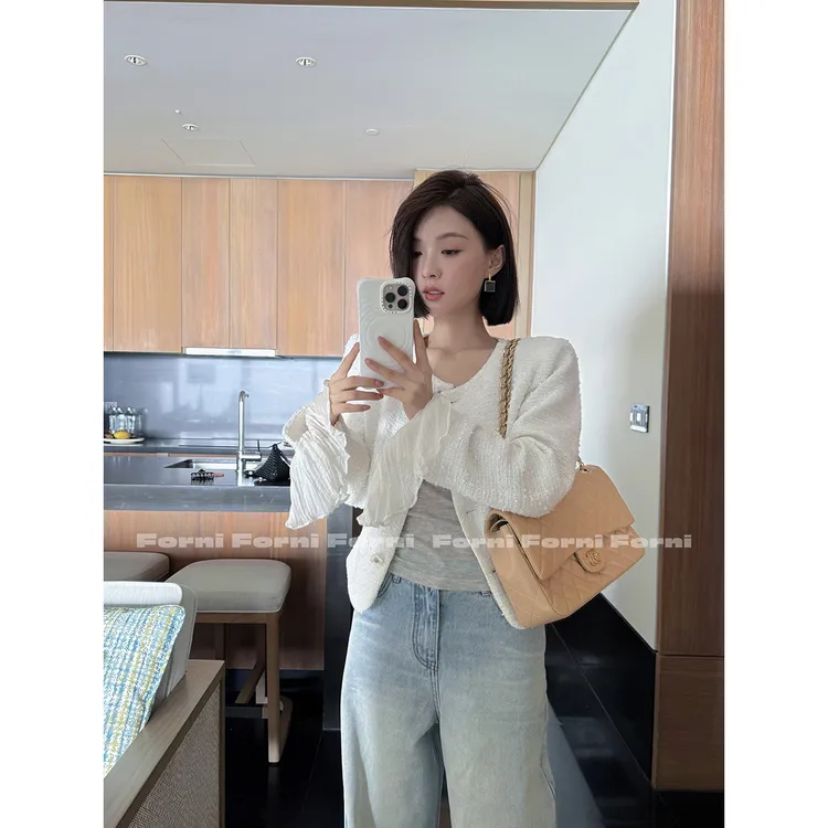 FORNI 旧金山初雪 春季新款白色小香风上衣短款拼接网纱外套女