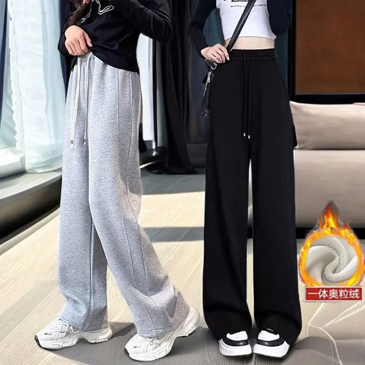 女童裤子冬季加绒保暖直筒运动裤女孩加厚宽松阔腿卫裤垂感休闲裤