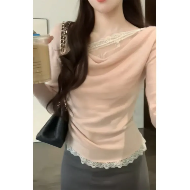 超好看蕾丝拼接荡领长袖t恤女春季收腰设计感气质内搭打底衫上衣