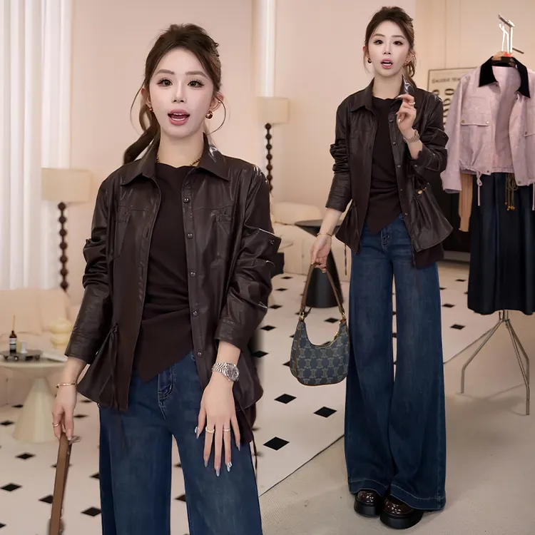 设计感复古显瘦翻领皮衣女2025年春秋新款小众不撞衫气质百搭上衣