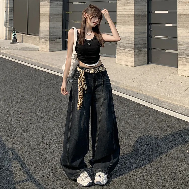 GL 2色买手款美式蓝灰复古宽松牛仔裤女百搭显瘦阔腿拖地弯刀裤