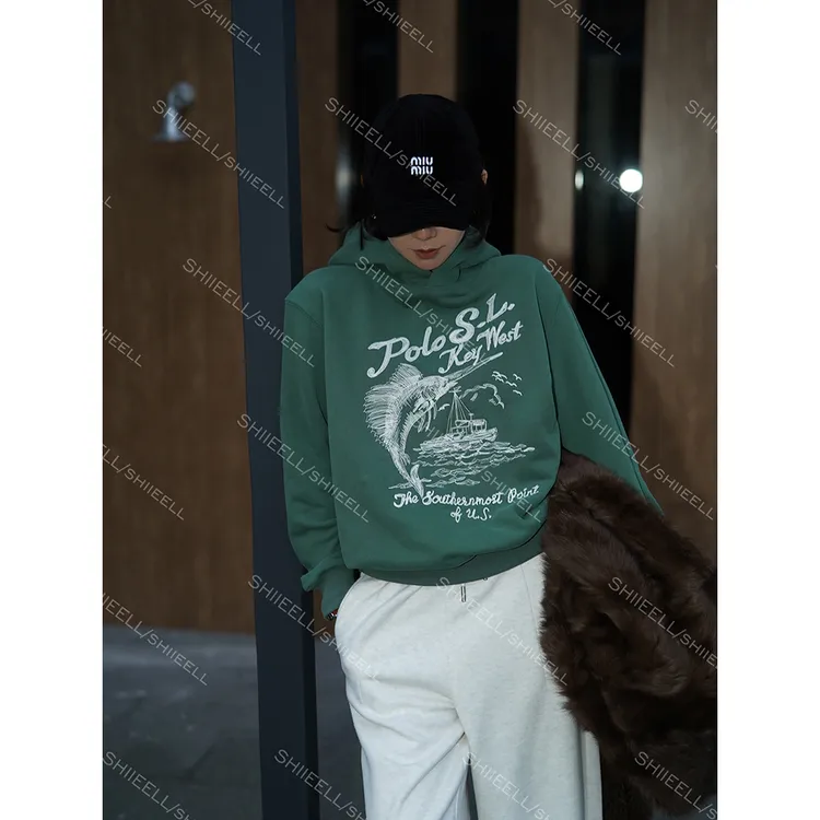 SHIIEELL【大航海家】美式中古棉质软糯图案刺绣连帽宽松卫衣Z1165