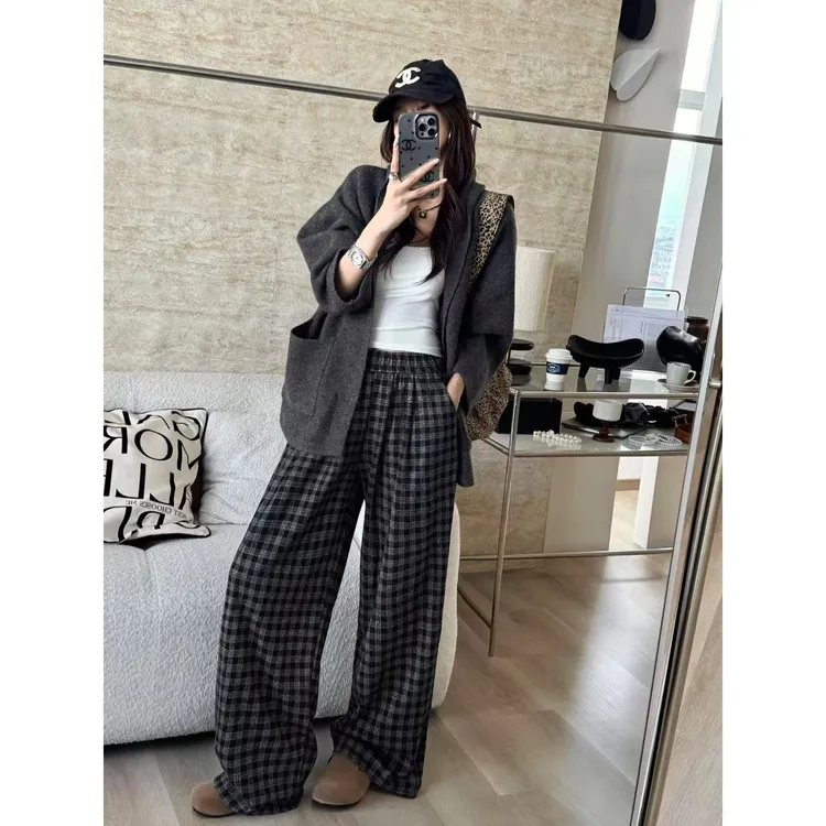 SP 慵懒休闲黑白格子裤女秋季百搭休闲直筒阔腿长裤
