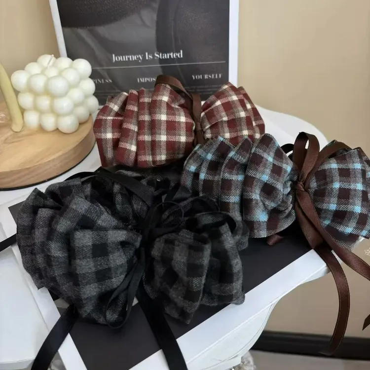 韩系格子蝴蝶结香蕉夹2025新款飘带款高低马尾竖夹一字横夹A502