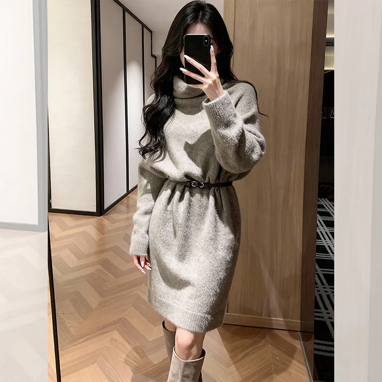 秋冬季内搭灰色高领包臀短裙洋气衣服搭配打底高贵气质针织连衣裙