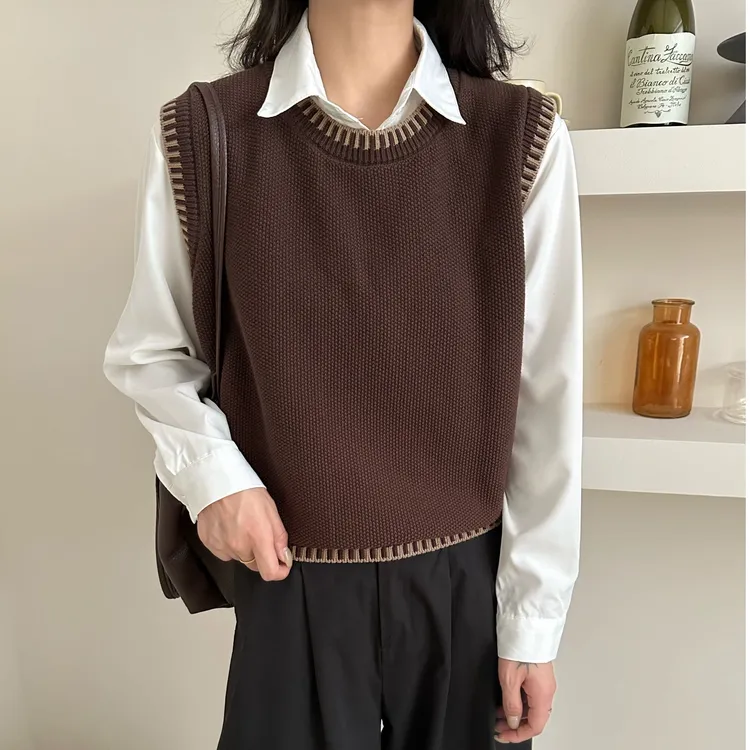 100%棉线复古针织马夹圆领拼色女士休闲百搭宽松无袖马甲