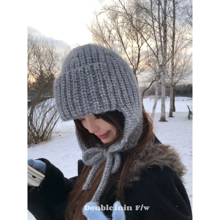 Double inin 可爱显脸小毛线针织雷锋帽女秋冬保暖百搭护耳帽