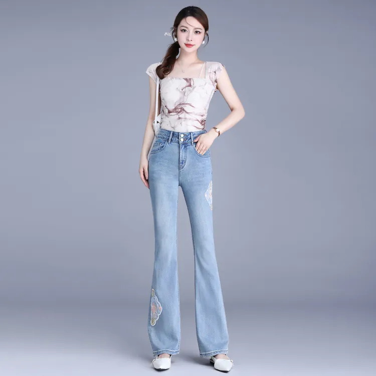 国潮新中式微喇弹力牛仔裤女夏2025新款高腰显瘦马蹄裤修身喇叭裤