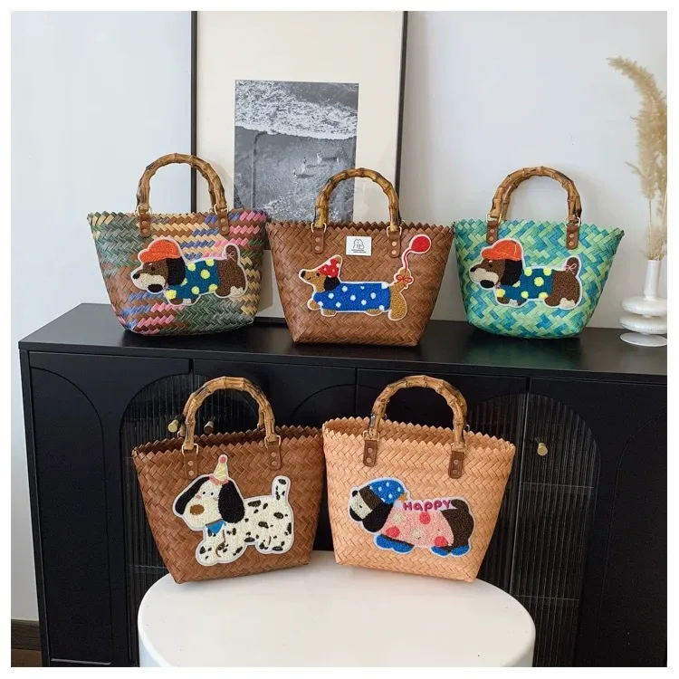 可爱卡通手提包草编包包竹节包复古纯手工编织包简约时尚菜篮子