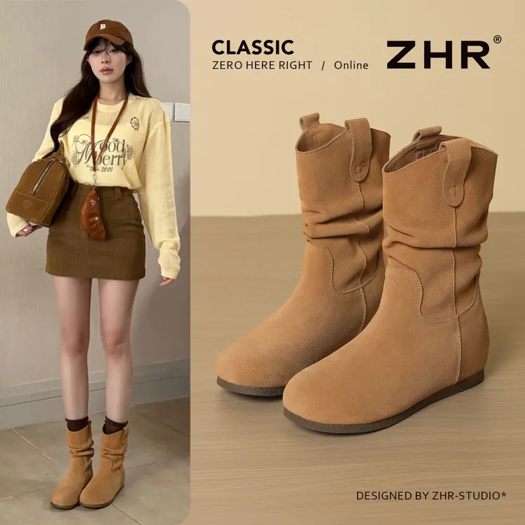 ZHR/则则真皮绒面堆堆靴女2025新款复古软底牛仔靴西部单里瘦瘦靴