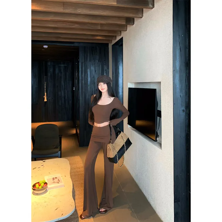 纯欲风修身长袖阔腿裤套装#8235