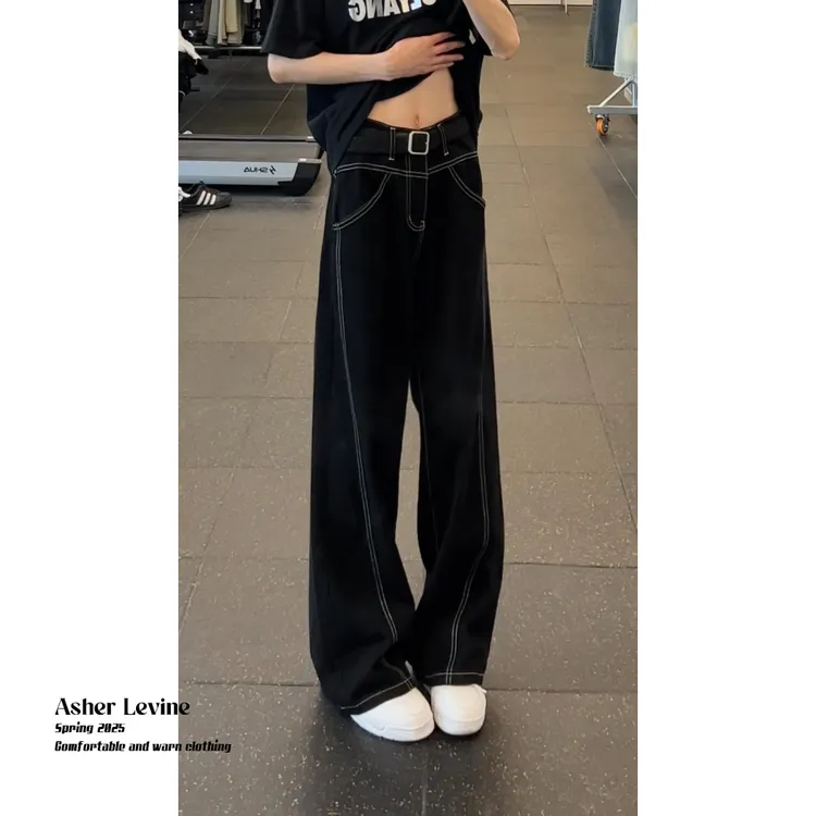 设计感辑明线轮廓黑色牛仔裤男女同款百搭新款潮牌高级感阔腿裤潮