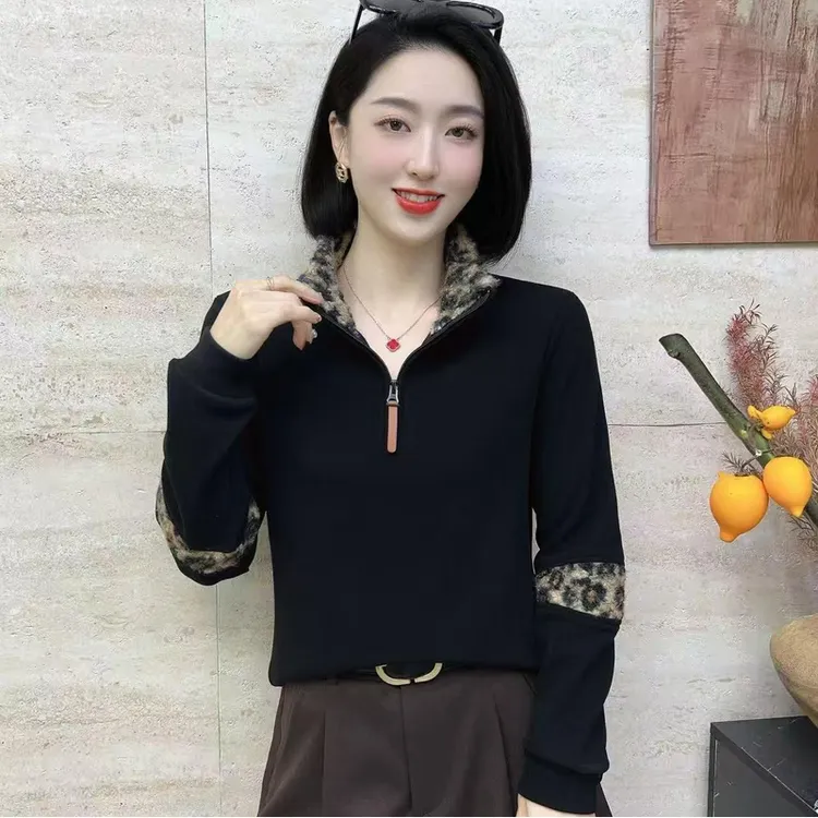 【韩紫朵】2025新品豹纹毛毛领拉链保暖长袖T恤女士89077