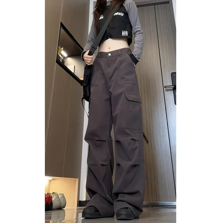 秋季新款美式高街褶皱多口袋工装裤女潮流宽松直筒阔腿休闲长裤男