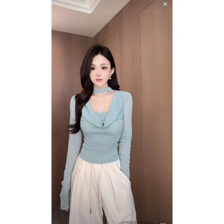曼曼【云纱絮语】荡领挂脖亮丝细闪修身长袖上衣