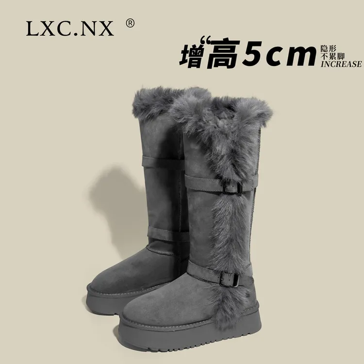 灰色雪地靴 5cm增高版2025新款加绒加厚巨暖两穿毛毛长筒靴棉鞋