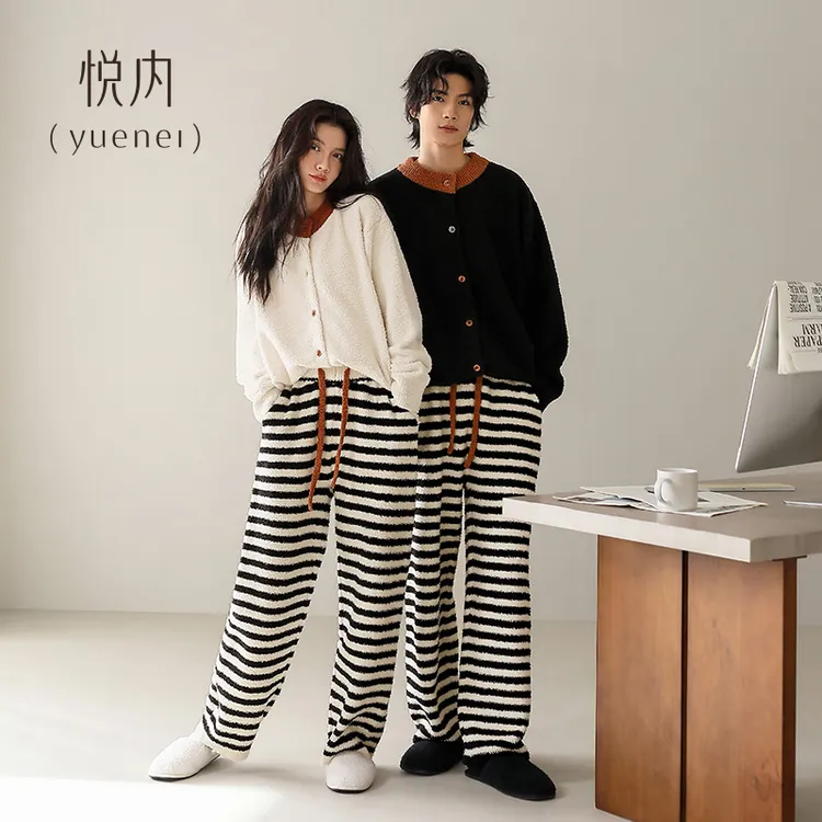 悦内半边绒情侣睡衣女款冬季冬天保暖珊瑚绒加厚家居服男士可外穿