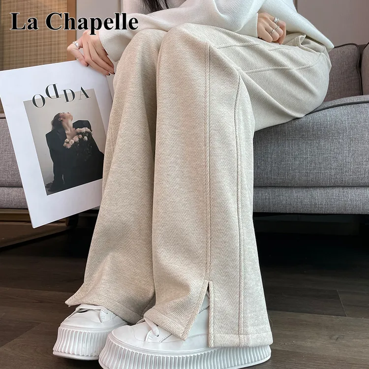 拉夏贝尔人字纹毛呢开叉阔腿裤女2025新款秋冬加绒直筒宽松长裤子