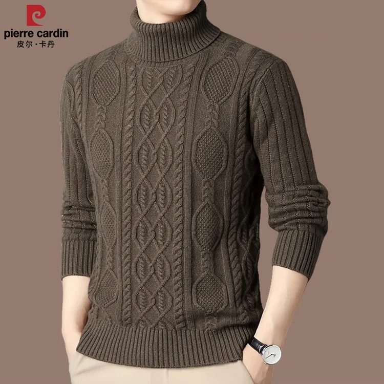 皮尔卡丹冬季加厚保暖羊毛衫男士高档兔毛可翻领休闲打底衫毛衣男