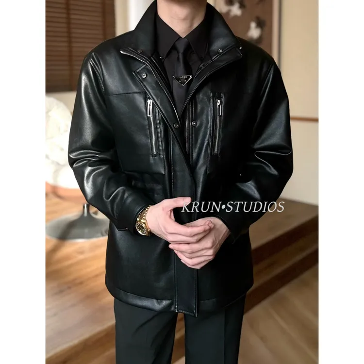 【KRUN】秋季新款复古高质感英伦痞帅多口袋PU蛋白皮装夹克皮衣外套