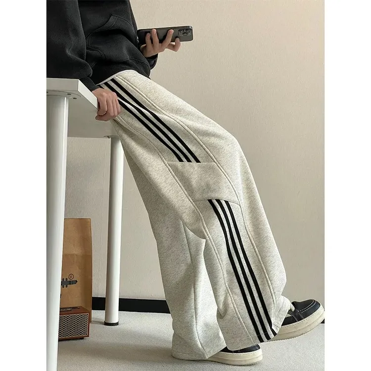 春秋阔腿三条杠直筒裤运动裤男女秋冬2025新款休闲裤潮牌宽松卫裤