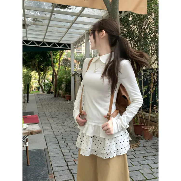 H1952 叠穿的Tips百搭上衣翻领花边长袖T恤内搭打底衫波点裙帘女