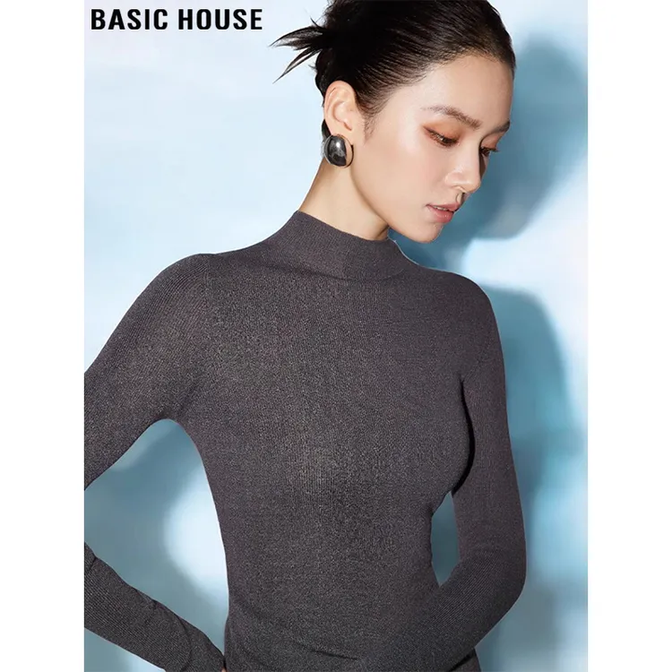 Basic House/百家好半高领羊毛打底衫上衣女早秋配大衣内搭针织衫